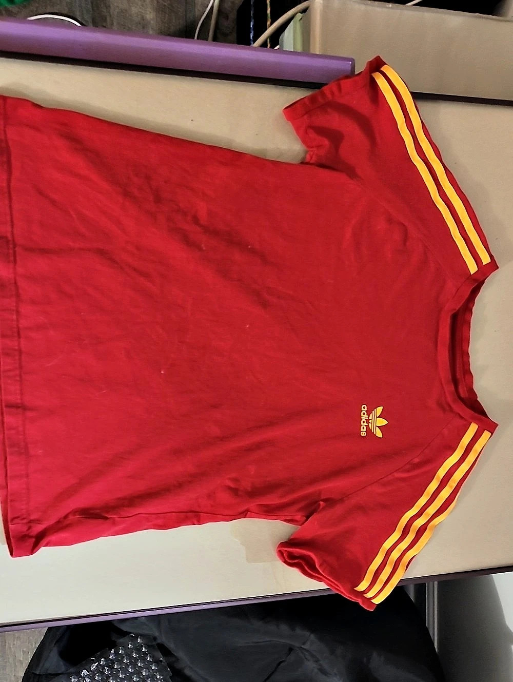 adidas Red & Yellow 3 Stripes Tee . Size Large